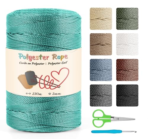 Polyester Kordel 2mm x 250m, Macrame Polypropylene Cord mit Schere und 4mm Häkeln Polyester-Seil für Strickwaren, Geschenk, Häkeltasche, Umhängetasche, Wohndekorationen (Salbei) von estcoo