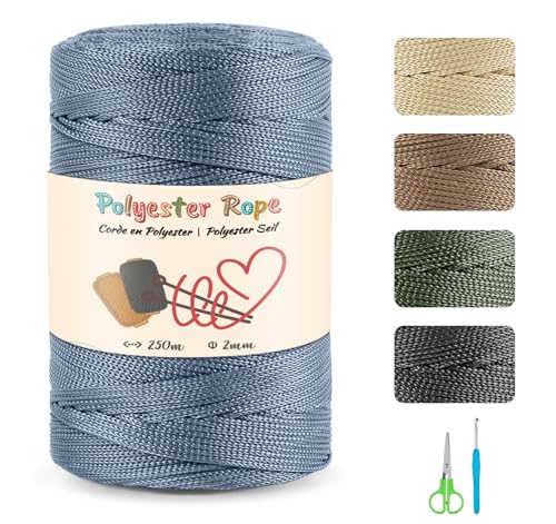 Premium 2 mm 250 Meter Polyester-Seil, 100% Polypropylen-Kordel mit Schere und 4mm Häkeln Makramee-Kordel für DIY Handwerk Basteln Häkeln Stricken Pflanzenhänger Blumenampel Deko (Denim Blau) von estcoo