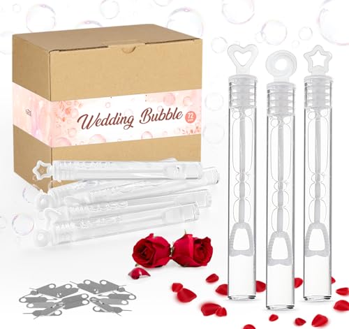 Seifenblasen Hochzeit mit Herzgriff,72 Mini Wedding Bubbles Tragbar,3 Stile Weiß Seifenblasenröhrchen für Hochzeitsdeko,Taufe,Verlobung Valentinstag,Geburtstagsfeier (Herz Seifenblasen/Stern/Kreis) von estcoo