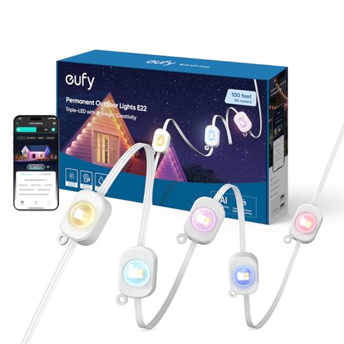 eufy Permanent Outdoor Light E22, 30m mit 60 Triple-LEDs, Smarte RGBWW-Lichter, Alltag & Festtage, bis zu IP67 Wasserdicht, KI-Beleuchtungsthemen für Weihnachten, Kamera-Kompatibel, App-Steuerung von eufy