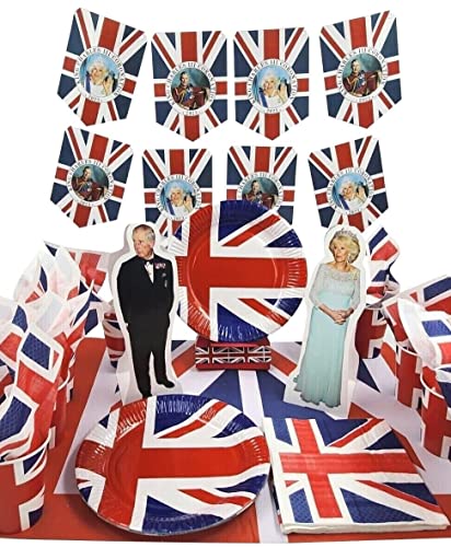 evelay 16 Personen Party-Set Union Jack Wimpelkette Servietten Teller Tassen Tischdecke für King Charles Coronation von evelay