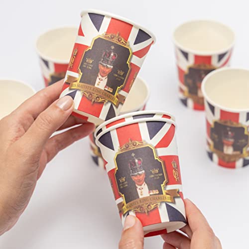 evelay 8 x Union Jack Partybecher, King Charles Krönungsgeschirr, Gedenkstück, Andenken, Souvenir (237 ml) von evelay