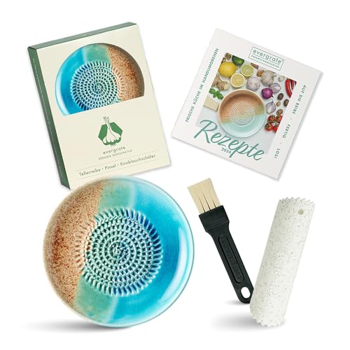 Evergrate® Keramikreibe Ocean mit Geschenkbox – mit Reibe, Knoblauchschäler, Rezeptheft & Pinsel – Handgefertigt für Ingwer, Knoblauch & mehr – Spülmaschinenfest & langlebig von evergrate