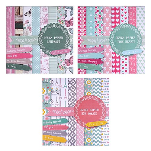 ewtshop® 3 x Motivblock mit je 20 Blättern beidseitig Bedruckt, Designpapier, Bastelpapier, 60 Blätter, 24 Designs, Bon Voyage, PINK Hearts, Landhaus von ewtshop