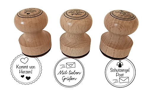 ewtshop® Stempel 3er Set Kommt von Herzen, Mit Lieben Grüßen, Schutzengelpost, 3 cm Durchmesser, Holzstempel von ewtshop