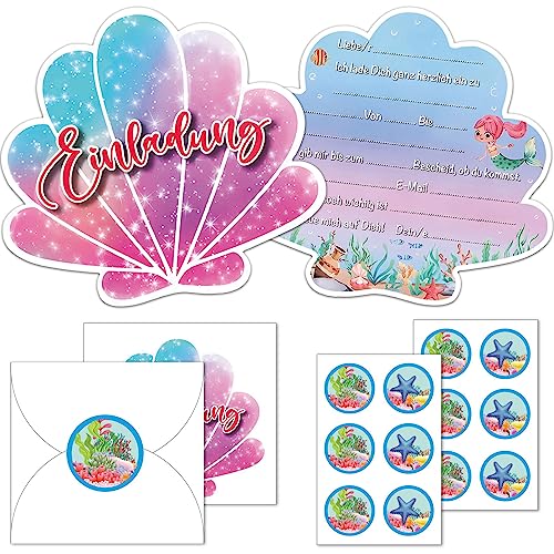 Grehge on Cards Children's Birthday Girls, 12 Mermaid Invitation Cards + 12 Envelopes + 12 Round Stickers, German Invitation Cards Shell Shape (Mermaid) von exatta