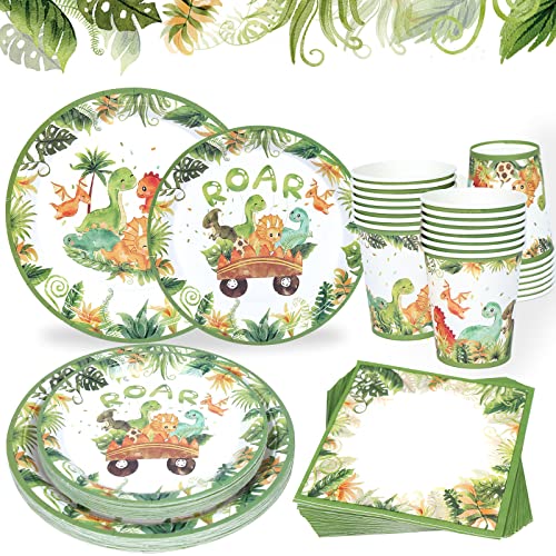 Dinosaurier Party Geburtstagsdeko Geschirrset - 96 Stück Grün Pappteller Servietten und Pappteller Tassen Dinosaurier Party Supplies Set für Dschungel Safari Dinosaurier Geburtstag Party（24 Gäste） von fairymaiden