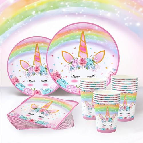 Einhorn Partygeschirr Set - 24 Gäste Einhorn Deko Kindergeburtstag Pappgeschirr Set, Einhorn Geburtstagsteller,Einhorn Tasse & Einhorn Servietten,Einhorn Party Geschirrset Tischdeko Geburtstag Mädchen von fairymaiden