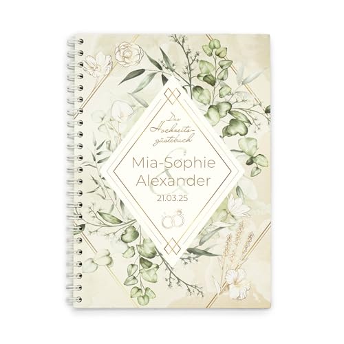 familiawedding personalisiertes A4 Greenery - Design Gästebuch zur Hochzeit, romantisches Hochzeitsgästebuch mit lustigen Fragen zum Ausfüllen von familiawedding