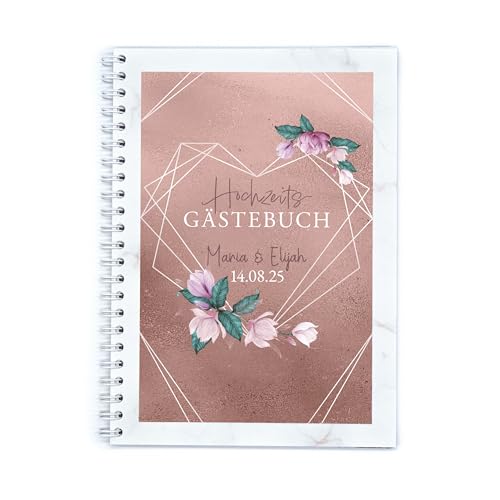 familiawedding personalisiertes Rosegold- Design A4 Gästebuch zur Hochzeit Rosegold- Design, Elegantes rosé Hochzeitsgästebuch mit lustigen Fragen zum Ausfüllen von familiawedding