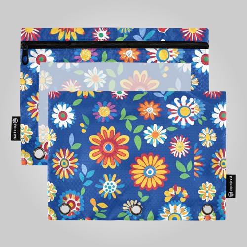 Bunte Gänseblümchen mit blauem Hintergrund, Ringbuchtaschen, 3 Locher für Ordner, 3 Ringe mit 3 Löchern, für Schulbedarf von famyily