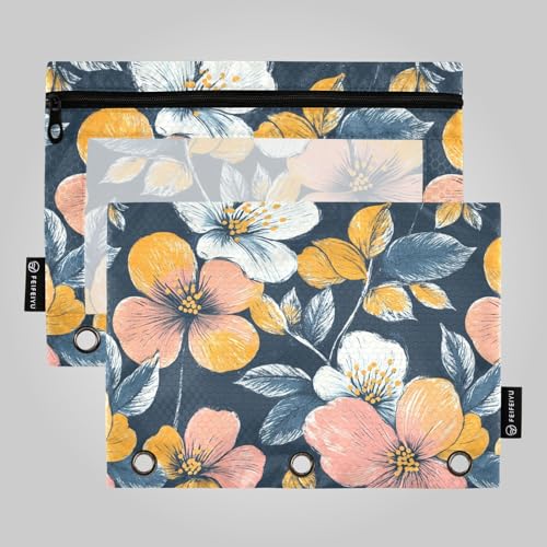 Federmäppchen mit Blumenmuster, bunte Blüten, dunkle Binder-Tasche für 3 Ringe, Bindertasche mit Löchern für Bürobedarf von famyily