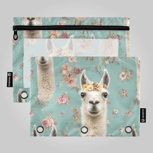 Lamas Bindertaschen mit Blumenmuster, türkiser Hintergrund, Aufbewahrungstasche für drei Ringe, Ordnertaschen mit 3 Löchern, für Studenten, Büro, Dokumenten-Organizer von famyily