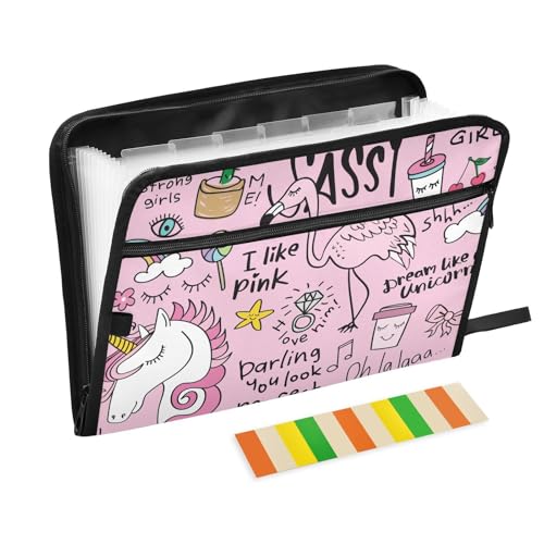 Lovely Doodle Peach Flamingo Hope Cute Unicorns Accordion File Organizer A4 Size Paper File Organizer with Zipper Size Expanding File Hanging Expandable File for Engineer Office Clip Board von famyily