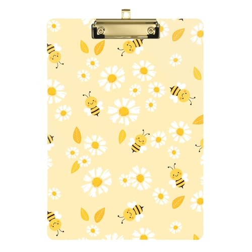 Nahtlose goldfarbene fliegende Bienen Happy Daisy Klemmbretter, klassisches Klemmbrett, flaches Klemmbrett, Loch zum Aufhängen, Klemmbrett für Rechnungen, Menüs für Restaurants, 31,8 x 22,9 cm von famyily