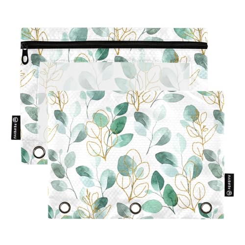 Taschenmappe mit grünen und goldenen Eukalyptusblättern, 3-Loch-Locher für 3-Ringordner mit Löchern für Überprüfungen und Schreibwaren von famyily