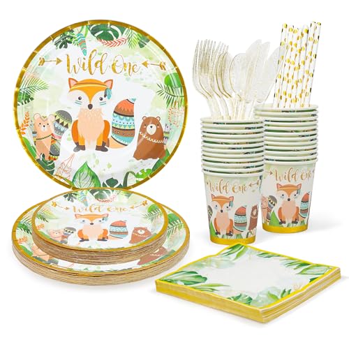 fanquare Dschungel Safari Partygeschirr Set 192 Stück Partyzubehör für 24 Gäste Tier Fuchs Pappteller Tassen Servietten und Besteck Kinder Geburtstag Party Supplies von fanquare