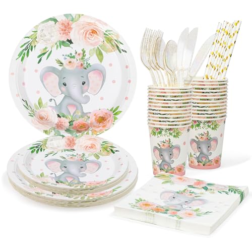 fanquare Elefant Partygeschirr Set 192 Stück Weiß Rosa Partyzubehör für 24 Gäste Tier Blumen Pappteller Tassen Servietten und Besteck Set für Kinder Geburtstag Party Supplies von fanquare