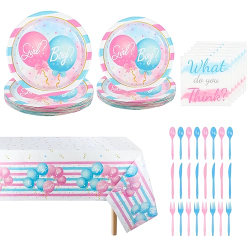 fanquare Geschlecht Reveal Partygeschirr Set 121 Stück Rosa Blau Ballon Muster Junge Oder Mädchen Partyzubehör Sets 20 Gäste Papier Teller Servietten Besteck Set und Tischdecke für Baby Duschparty von fanquare