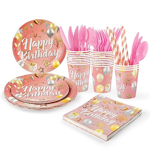 fanquare Rosa und Rose Gold Party Supplies 120pcs Happy Birthday Party Geschirr Set für Geburtstag Party Dekorationen, 20 Gäste von fanquare