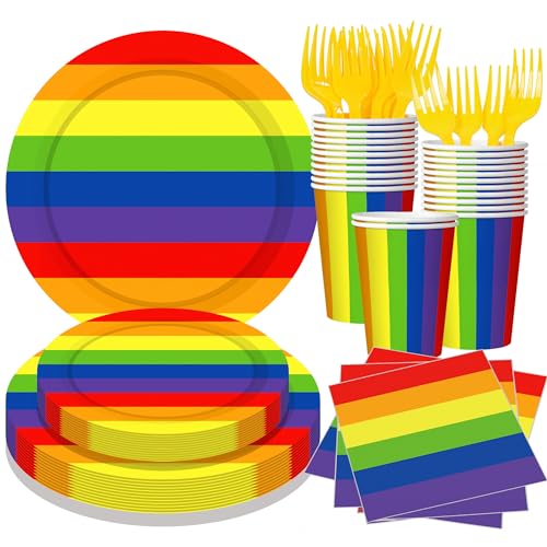 fanquare Regenbogen Partygeschirr Set 120 Stück Bunte Streifen Pappteller Papier Geschirr Enthält Pappteller Tasse Serviette und Gabeln für Pride Party Dekorationen 24 Gäste Party Supplie von fanquare