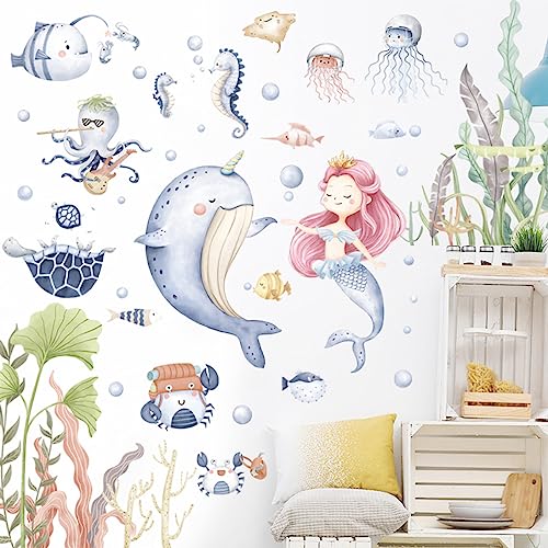 fanquare Unter dem Meer Meerjungfrau und Wal Wandaufkleber, Ozean Fisch Kraken Schildkröte Wandtattoo Abziehen und Aufkleben Wandtattoos für Baby Kinderzimmer Kinder Schlafzimmer Badezimmer von fanquare