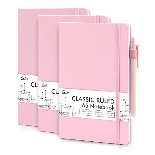 feela Notizbuch A5 liniert Hardcover, 3 Notizbücher Set, Journal Buch mit 3 Gelstifte schwarz, 120 GSM, 13x21cm, Notizblock Set geeignet für Büro, Schule, für Kinder und Erwachsene, Din A5, Rosa von feela