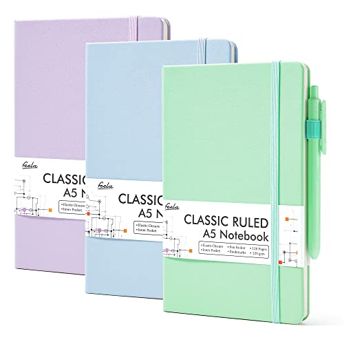 feela Notizbuch A5 liniert Hardcover, 3 buntes Notizbücher Set, Journal Buch mit 3 Gelstifte schwarz, 120 GSM, 13x21cm, Notizblock Set geeignet für Büro, Schule, für Kinder und Erwachsene, Din A5 von feela