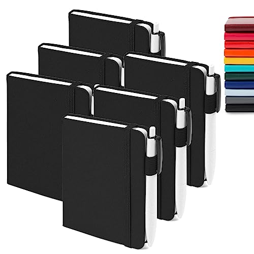 feela Notizbuch A6, 6 Stück Notizblock klein, Journale Buch Bulk mit 6 Gelstiften schwarz, 112 Seiten, 80GSM, 9x14cm, Mini Notizbuch liniert geeignet für Büro, Schule, Notizheft mit PU Leder, schwar von feela