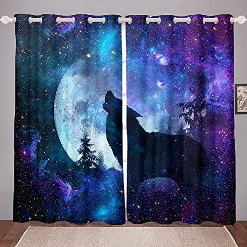 feelingyou Heulender Wolf Fenstervorhang 245x140cm Bright Moon Mysterious Universe Vorhänge für Kinder Jungen Mädchen Gedrucktes Sternenhimmel Tier Gardine 2er-Set Fenster Vorhänge von feelingyou