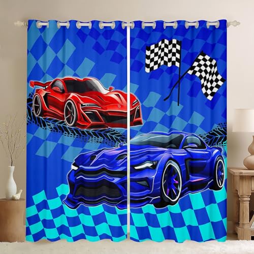 feelingyou Sport Auto Kinder Fenster Vorhänge, Red Navy Racing Auto Speed Race Fenster Behandlungen, Blau Karierte Kunst Geometrische Fenster Vorhänge für Home Decor, 2 Panels, L Größe von feelingyou