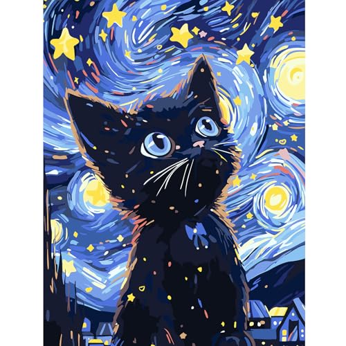 Katze Malen nach Zahlen Erwachsene, DIY Sternenhimmel Handgemalt Ölgemälde Kit für Anfänger, Malen nach Zahlen Leinwand, Pinseln und Acrylfarbe für Home Wanddekoration 30x40cm von feelive