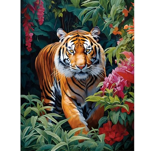 feelive Blumen Diamant Painting Bilder für Erwachsene, Tiger DIY Diamant Kunst Malerei Stickerei Set Kreuzstich Bilder Malen Nach Zahlen 5D Runde Steine Diamant Painting für Zuhause Dekor 30x40cm von feelive