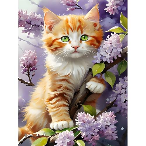 feelive Katze Diamant Painting Bilder für Erwachsene, Blume DIY Diamond Painting Kits, Bausätze für Diamantmalerei 5D Runde Steine Diamant Painting für Zuhause Dekor 30x40cm von feelive