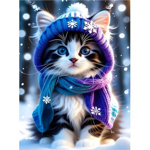 feelive Katze Diamant Painting Bilder für Erwachsene, DIY Diamond Painting Kits für Winter, Bausätze für Diamantmalerei 5D Runde Steine Diamant Painting für Zuhause Dekor 30x40cm von feelive