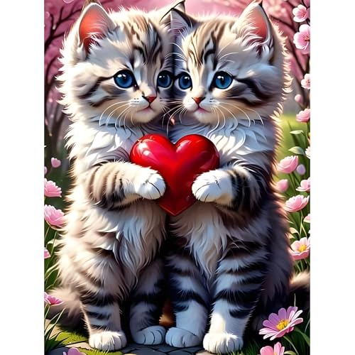 feelive Katze Diamond Painting Kits für Erwachsene, DIY Valentinstag Diamant Painting Bilder für, Bausätze für Diamantmalerei 5D Runde Steine Diamant Painting für Zuhause Dekor 30x40cm von feelive