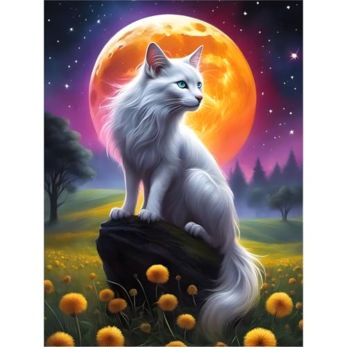 feelive Mond Diamant Painting Bilder für Erwachsene, Katze DIY Diamond Painting Kits, Bausätze für Diamantmalerei 5D Runde Steine Diamant Painting für Zuhause Dekor 30x40cm von feelive