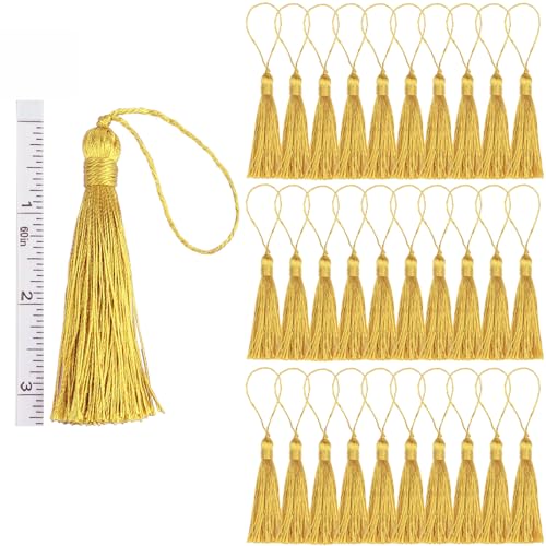 Fenghuangwu 30 Stück handgefertigte Nähquasten zum Basteln, 14,5 cm, seidig weiche Quasten mit 6,6 cm Kordelschlaufe für DIY Handwerk Zubehör Dekoration (New Gold, 30 Stück) von fenghuangwu