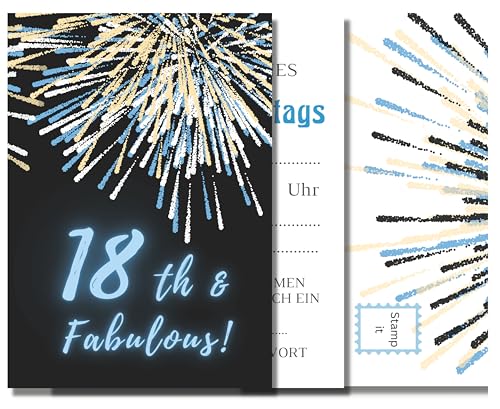 EINLADUNGEN 18 Geburtstag Klappkarten A6 mit farbigem Umschlag 10er Pack Einladungskarten Kartenset blau gold 18 Jahre Geburtstagsfeier Jungen Mädchen Erwachsene von Feste Feiern von festefeiern-shop.de