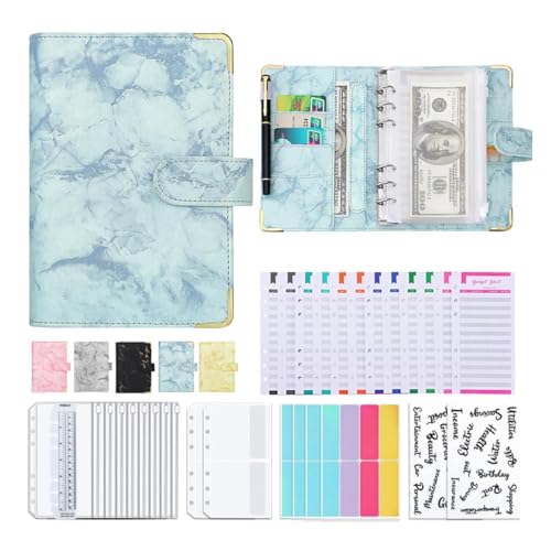 Binder Budget Notizbuch A6, 30Pcs6 Löcher Budget Binder mit Binder Taschen Budgetblätter, Etikettenaufklebern, Weiches Lineal Ringbuchordner Blau. von feyiubmen