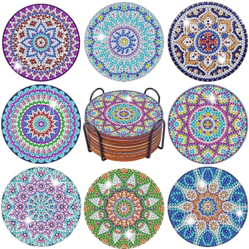 Feyiubmen 8 Stück Diamond Painting Pads(4 in), Mandala Untersetzer Set mit Einer metallstütze, DIY Diamond Painting Untersetzer für Kinder und Erwachsene, Geburtstag Geschenk, rutschfest, 5D Diamond von feyiubmen