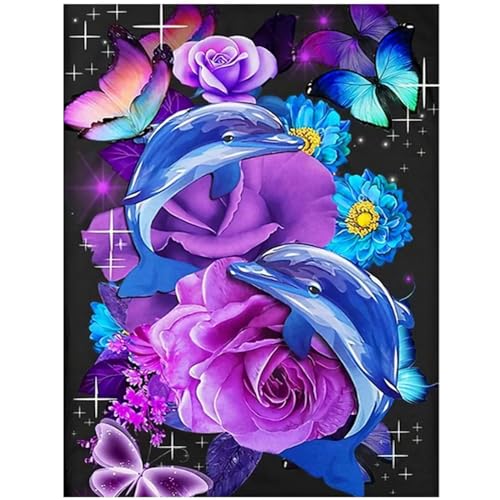 fghgbf Diamond Painting Erwachsene,Delfin Rose Diamond Painting,Round Drill DIY Cross Stickerei Malerei Kits glänzende Diamantgemälde-Wanddekoration für Home Wanddeko 30x40cm von fghgbf