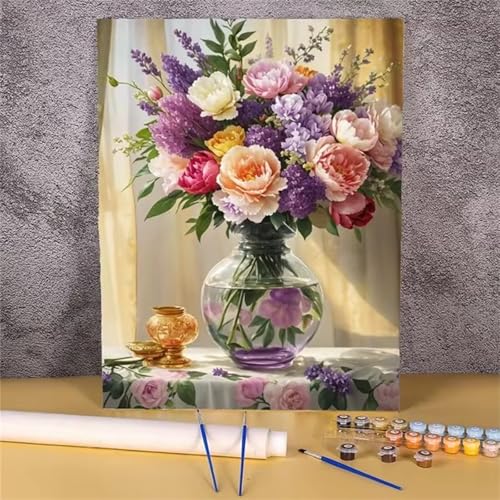 fghgbf Blumenarrangement Malen Nach Zahlen Erwachsene,DIY Framed DIY Handgemalt Ölgemälde Kit Paint by Numbers Adult Mit Pinseln und Acrylfarbe für Geschenk Heimdekoration 30x40cm von fghgbf