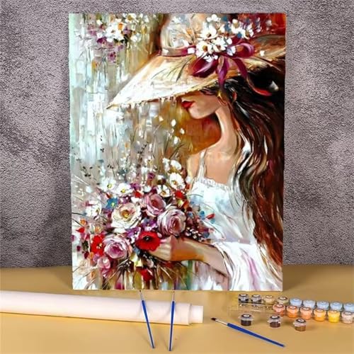 fghgbf Blumenmädchen Malen Nach Zahlen Erwachsene,DIY Framed DIY Handgemalt Ölgemälde Kit Paint by Numbers Adult Mit Pinseln und Acrylfarbe für Geschenk Heimdekoration 50x65cm von fghgbf