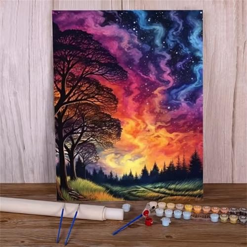 fghgbf Bunte Baumlandschaft Malen Nach Zahlen Erwachsene,DIY Framed DIY Handgemalt Ölgemälde Kit Paint by Numbers Adult Mit Pinseln und Acrylfarbe für Geschenk Heimdekoration 45x60cm von fghgbf