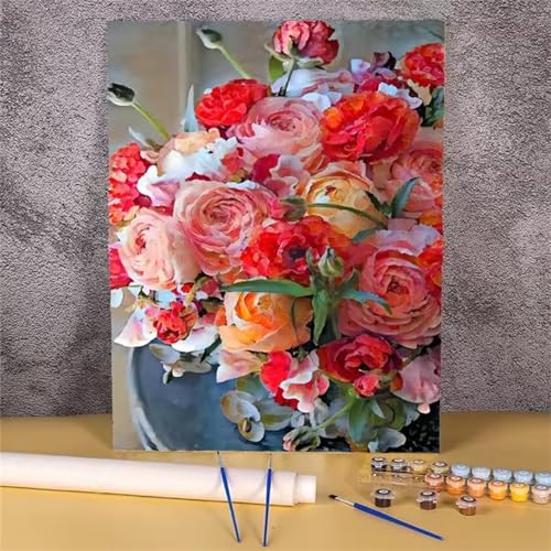 fghgbf Bunte Blumen Malen Nach Zahlen Erwachsene,DIY Framed DIY Handgemalt Ölgemälde Kit Paint by Numbers Adult Mit Pinseln und Acrylfarbe für Geschenk Heimdekoration 30x40cm von fghgbf