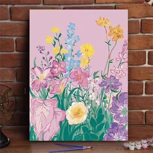 fghgbf Bunte Blumenlandschaft Malen Nach Zahlen Erwachsene,DIY Framed DIY Handgemalt Ölgemälde Kit Paint by Numbers Adult Mit Pinseln und Acrylfarbe für Geschenk Heimdekoration 30x40cm von fghgbf