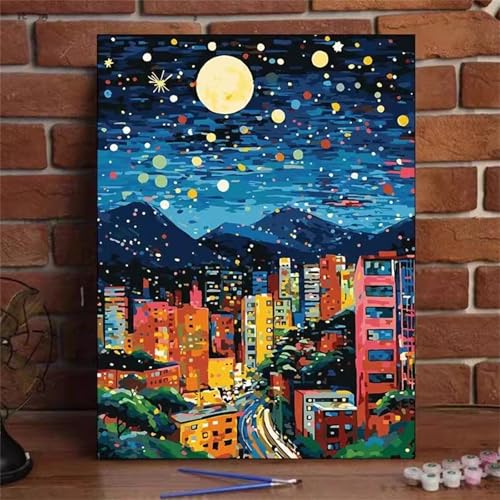 fghgbf Bunte Gebäude in der Nacht Malen Nach Zahlen Erwachsene,DIY Framed DIY Handgemalt Ölgemälde Kit Paint by Numbers Adult Mit Pinseln und Acrylfarbe für Geschenk Heimdekoration 30x40cm von fghgbf