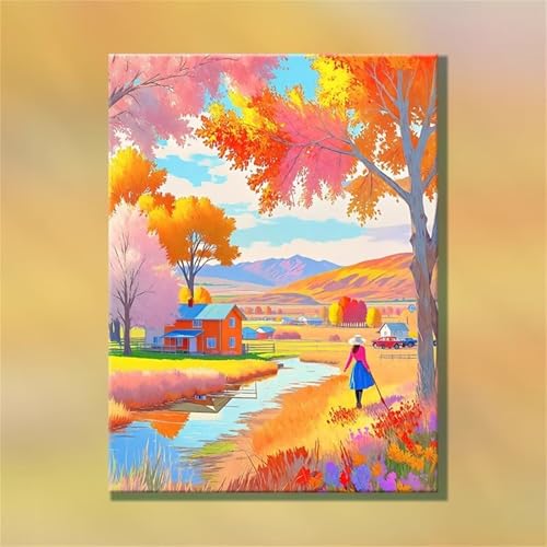 fghgbf Bunte ländliche Landschaft Malen Nach Zahlen Erwachsene,DIY Framed DIY Handgemalt Ölgemälde Kit Paint by Numbers Adult Mit Pinseln und Acrylfarbe für Geschenk Heimdekoration 30x40cm von fghgbf