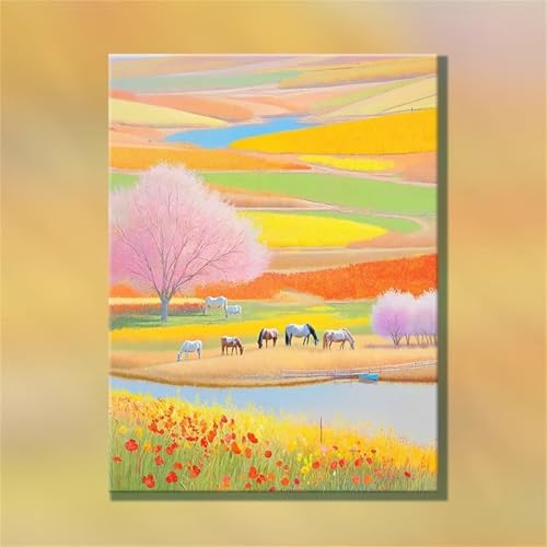 fghgbf Bunte pastorale Landschaft Malen Nach Zahlen Erwachsene,DIY Framed DIY Handgemalt Ölgemälde Kit Paint by Numbers Adult Mit Pinseln und Acrylfarbe für Geschenk Heimdekoration 30x40cm von fghgbf